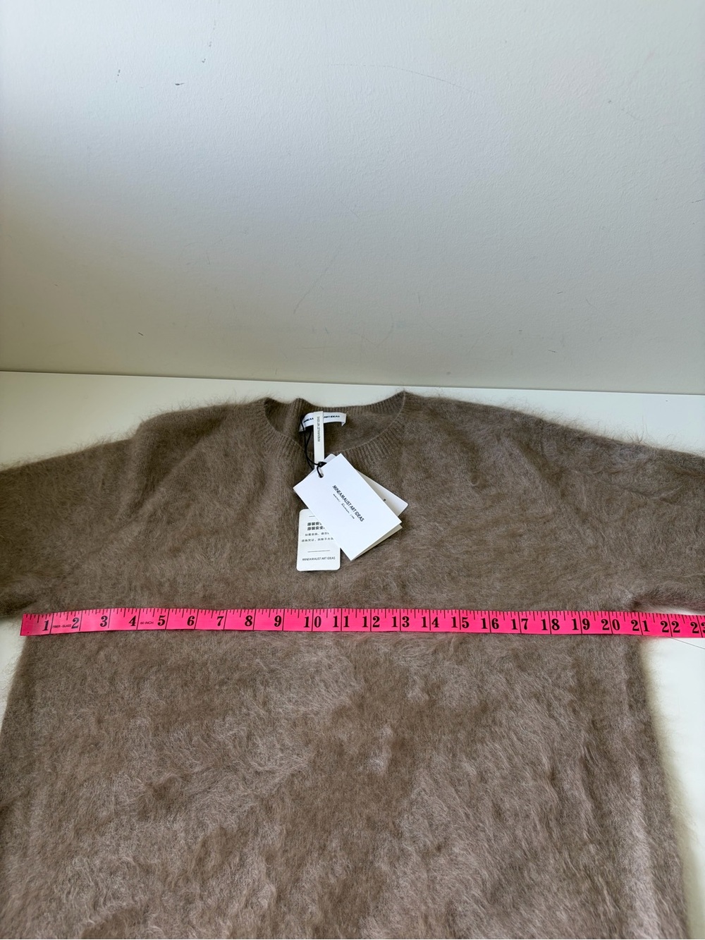 NWT MINEAMALIST ART IDEAS 100% Cashmere Taupe Fuzzy Crewneck Sweater Size M - Picture 9 of 10